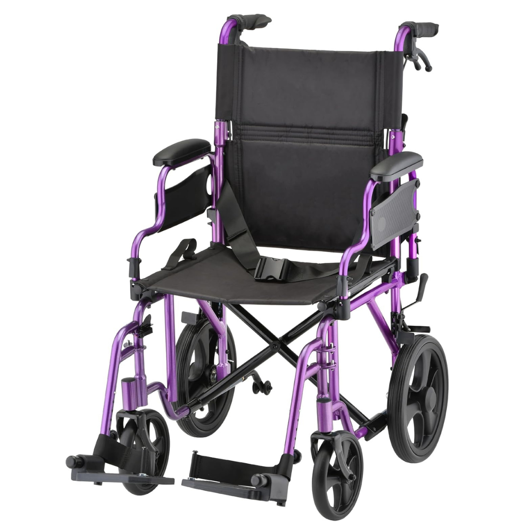 The Nova Medical Lightweight Transport Chair with 12” rear wheels has a purple frame, black seat and backrest, armrests, footrests, and four black wheels. It includes hand grips on the rear handles and locking handbrakes for enhanced safety.
